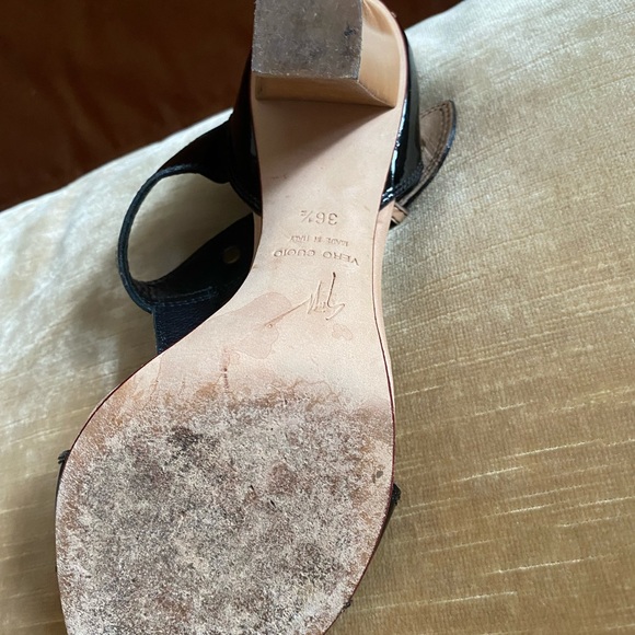 Black patent leather and tan T-strap  sandal - Picture 6 of 14